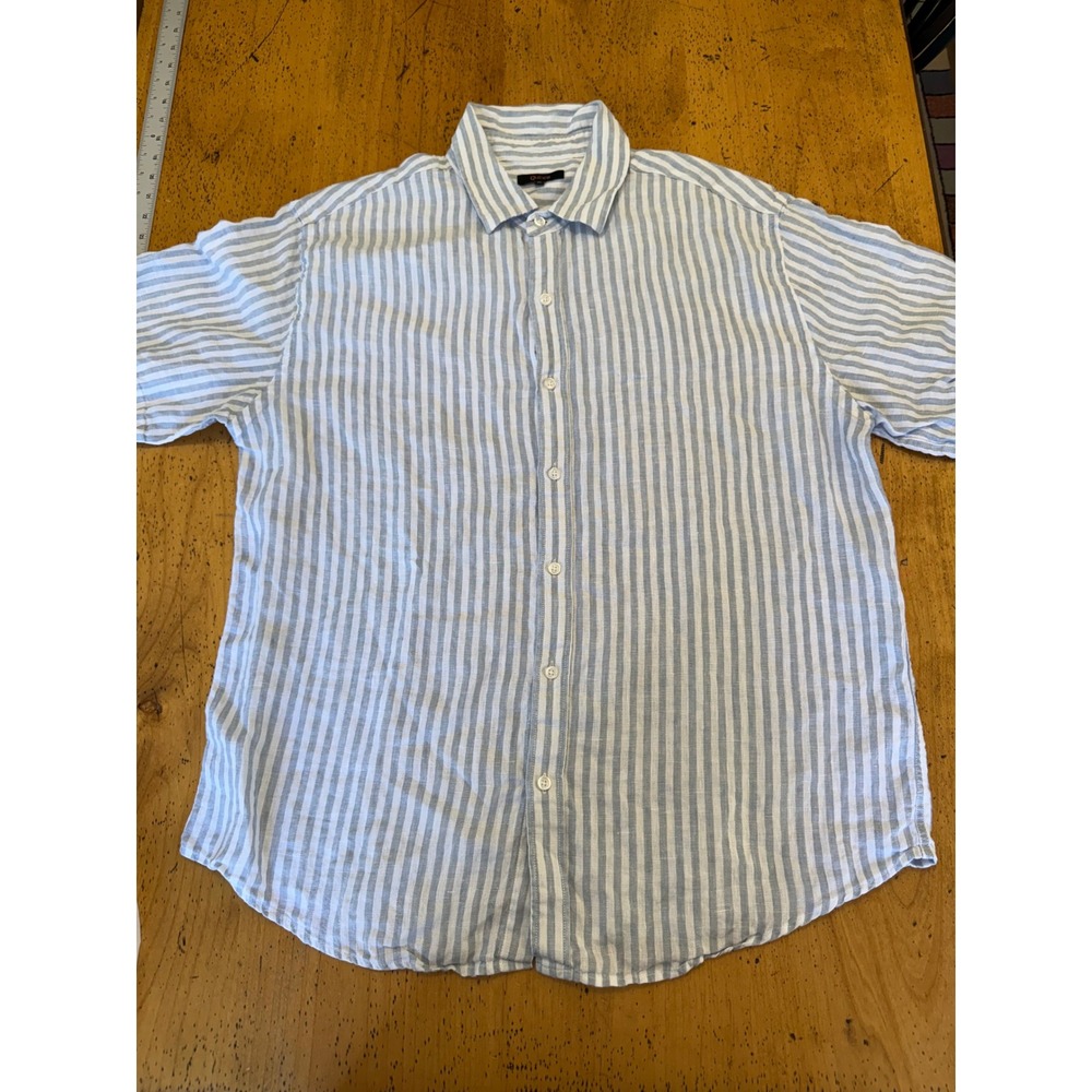Quince 100% Linen XL Light Blue White Striped Short Sleeve Button Down Shirt